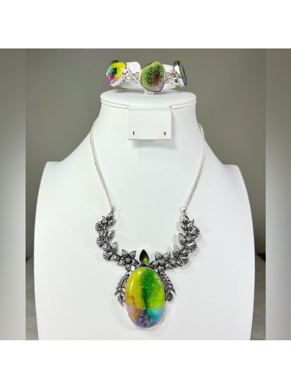 🌈 Unique Design Rainbow Solar Quartz 925 Large Stone Gemstone Necklace Bracelet